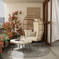 Garvee Wicker Egg Chair with Ottoman, Comfy Egg Rattan Chair Egg Basket Lounge Chair with Thick Cusion for Indoor Outdoor Patio Porch Backyard, Beige