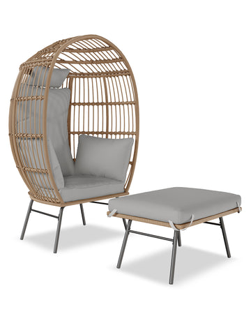 Garvee Wicker Egg Chair with Ottoman, Egg Basket Lounge Chair with Thick Cushion, Comfy Egg Rattan Seat,Gray