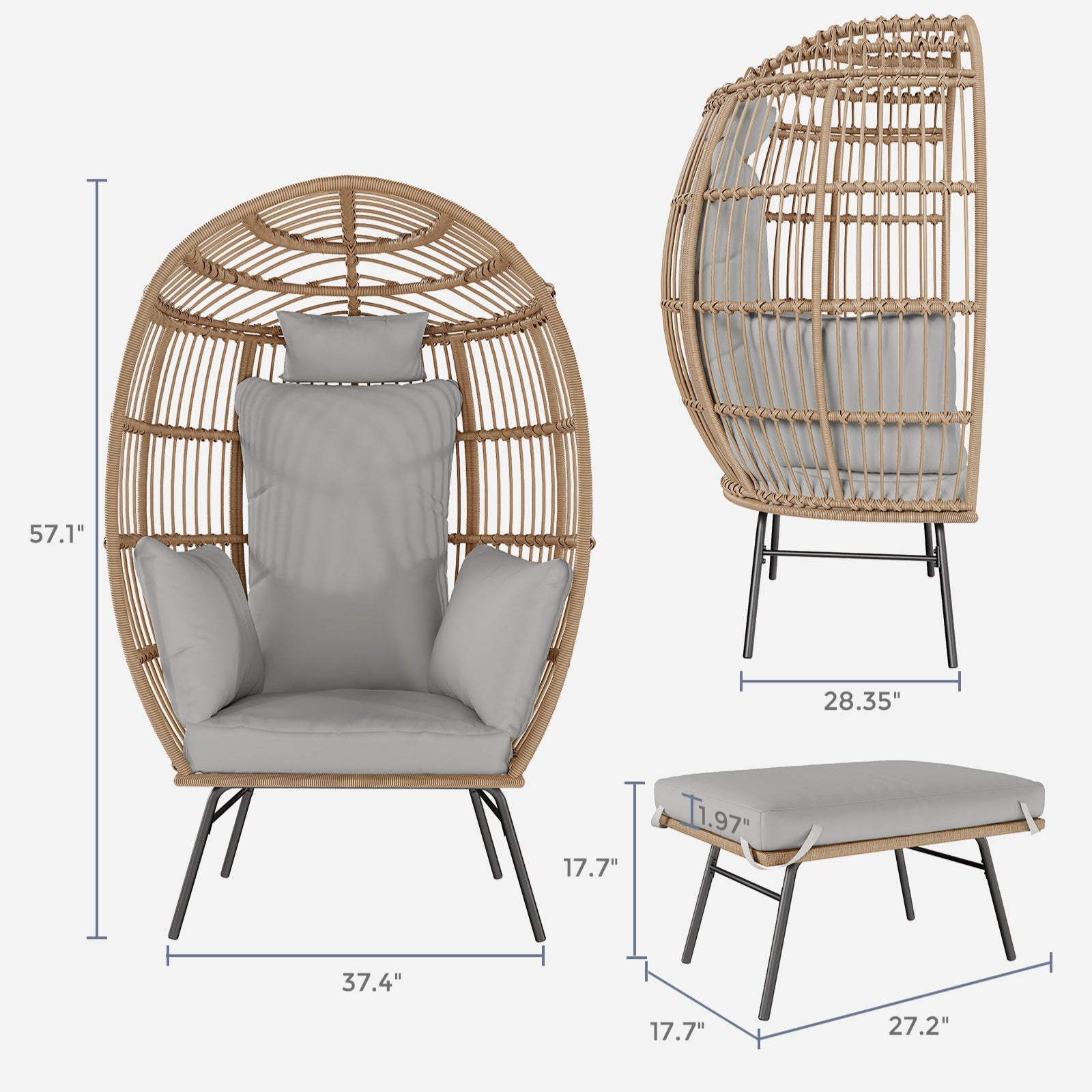 Garvee Wicker Egg Chair with Ottoman, Egg Basket Lounge Chair with Thick Cushion, Comfy Egg Rattan Seat,Gray