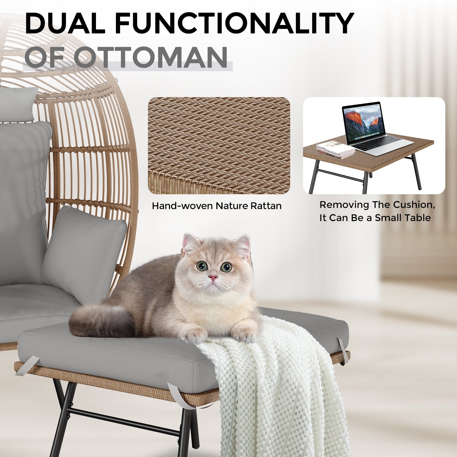 Garvee Wicker Egg Chair with Ottoman, Egg Basket Lounge Chair with Thick Cushion, Comfy Egg Rattan Seat,Gray