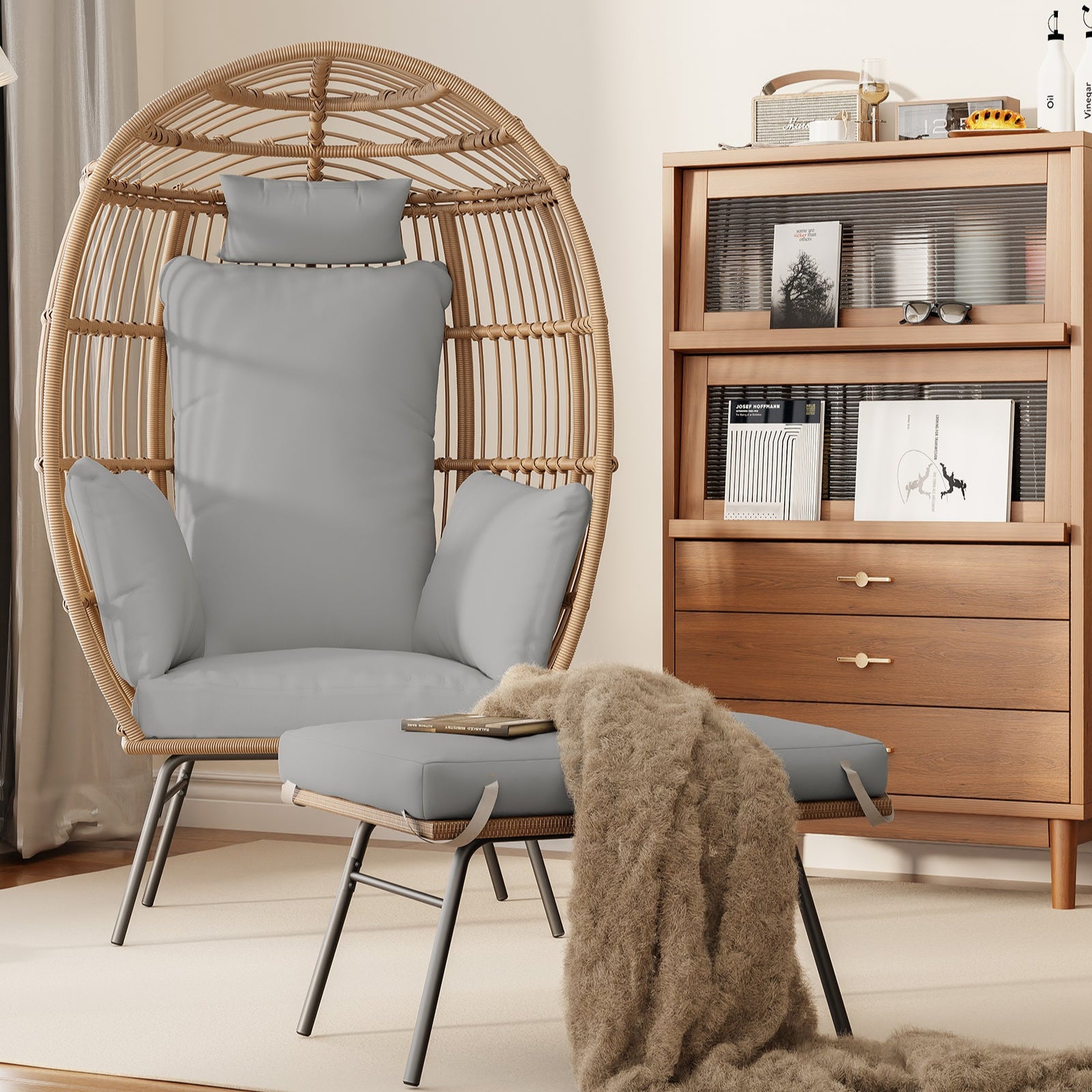Garvee Wicker Egg Chair with Ottoman, Egg Basket Lounge Chair with Thick Cushion, Comfy Egg Rattan Seat,Gray