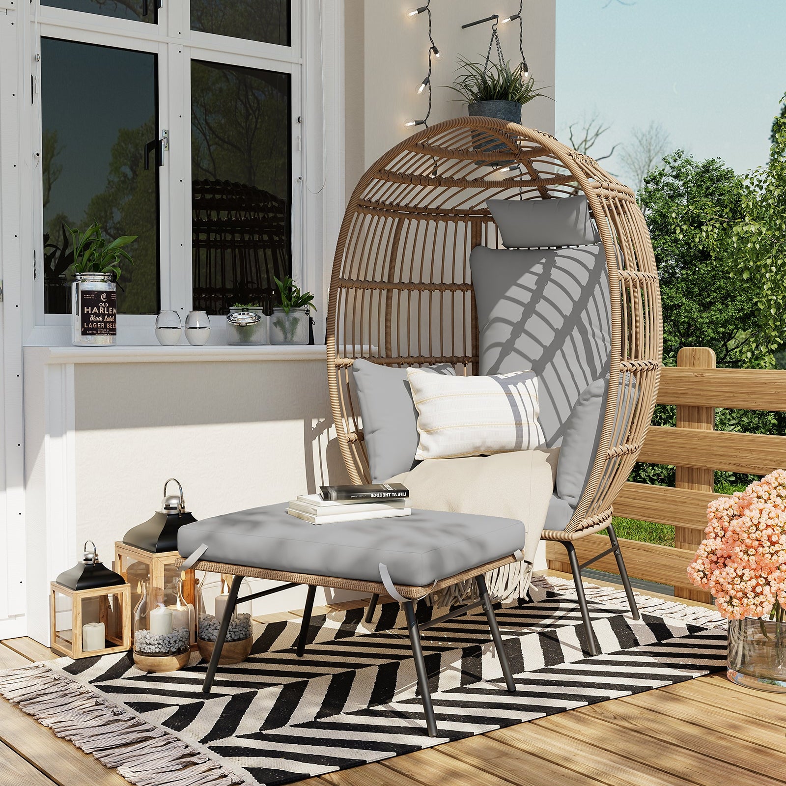 Garvee Wicker Egg Chair with Ottoman, Egg Basket Lounge Chair with Thick Cushion, Comfy Egg Rattan Seat,Gray