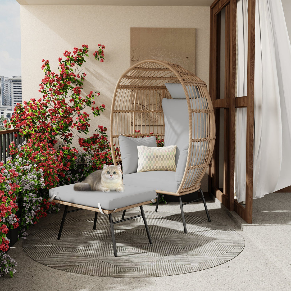 Garvee Wicker Egg Chair with Ottoman, Egg Basket Lounge Chair with Thick Cushion, Comfy Egg Rattan Seat,Gray