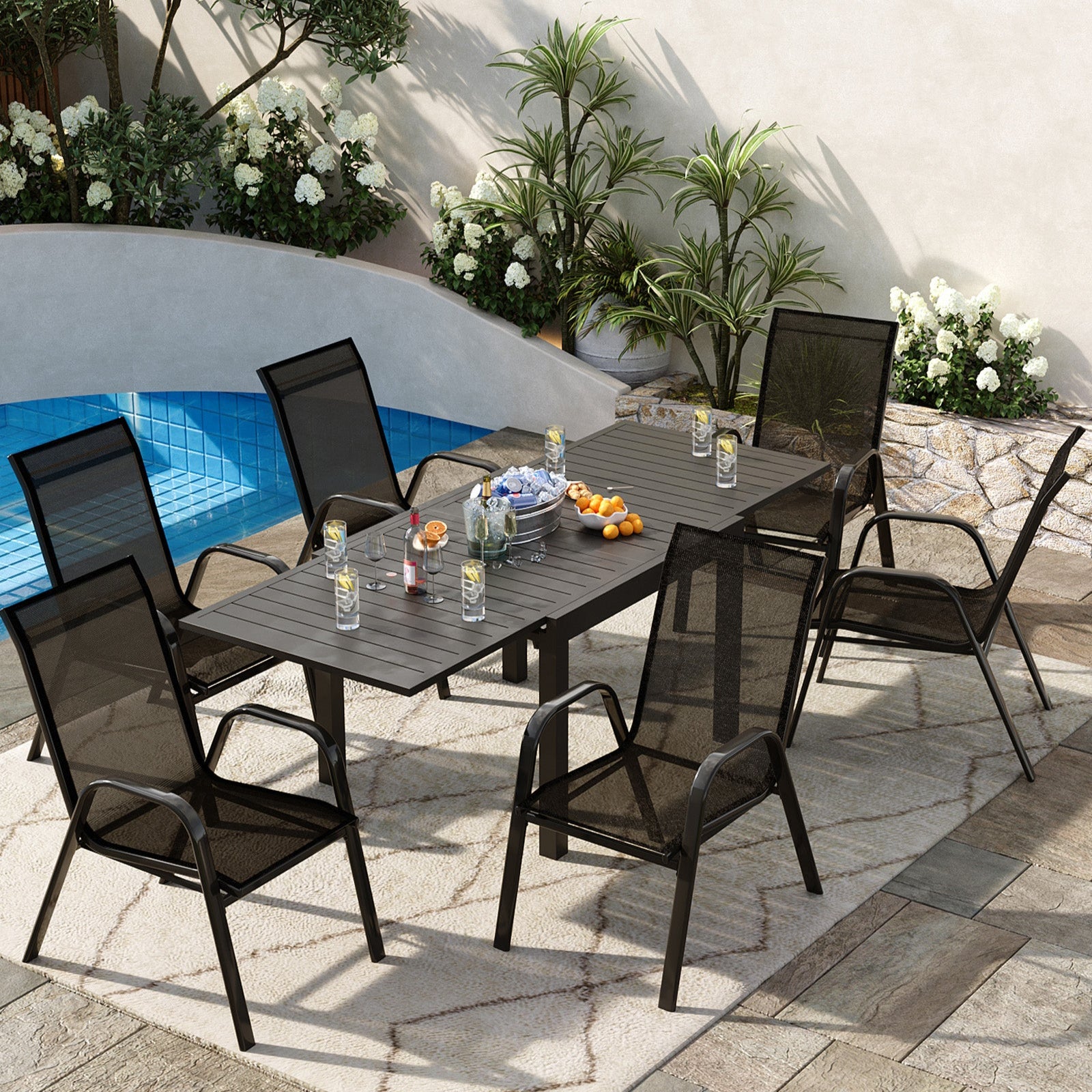 Garvee Patio Stackable Chairs Set of 4 - Outdoor Metal Frame Dining Chairs with Breathable Textilene Fabric for Patio, Deck, Backyard, Black