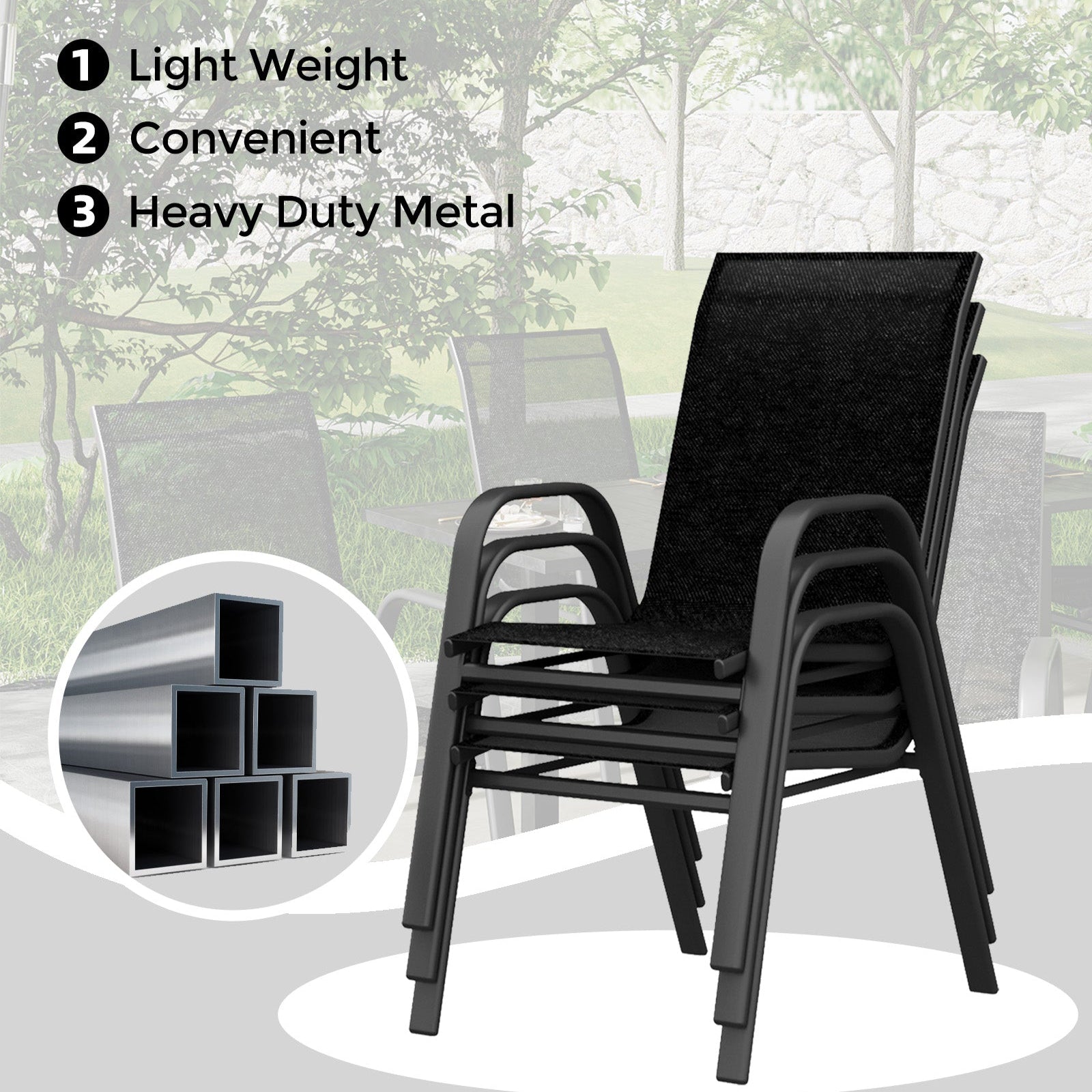 Garvee Patio Stackable Chairs Set of 4 - Outdoor Metal Frame Dining Chairs with Breathable Textilene Fabric for Patio, Deck, Backyard, Black