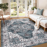 Garvee Large Vintage Living Room Rug 10 x 13 Floral Print Indoor Mat with Non-Slip Backing, Washable Distressed Floor Cover, Oriental Medallion Low Pile Area Rug for Bedroom, Blue - Blue