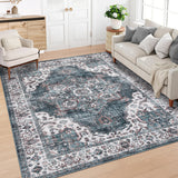 Garvee Vintage Living Room Rug 8 x 10 Large Floral Print Area Rug with Non-Slip Backing, Washable Distressed Indoor Carpet, Oriental Medallion Low Pile Floor Mat for Bedroom, Blue - Blue
