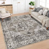Garvee Vintage Living Room Rug 8 x 10 Large Floral Print Area Rug with Non-Slip Backing, Washable Distressed Indoor Carpet, Oriental Medallion Low Pile Floor Mat for Bedroom, Brown - Brown