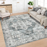Garvee Vintage Living Room Rug 8 x 10 Large Floral Print Area Rug with Non-Slip Backing, Washable Distressed Indoor Carpet, Oriental Medallion Low Pile Floor Mat for Bedroom, Green - Green