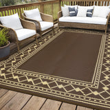 Garvee Outdoor Rug 8x10 Plastic Straw Rug Waterproof Patio Rug, Brown Reversible Rug, Foldable Lightweight Outdoor Carpet with Storage Bag, 4 Stakes, Camping Mat for Deck, Garden - Peony Brown