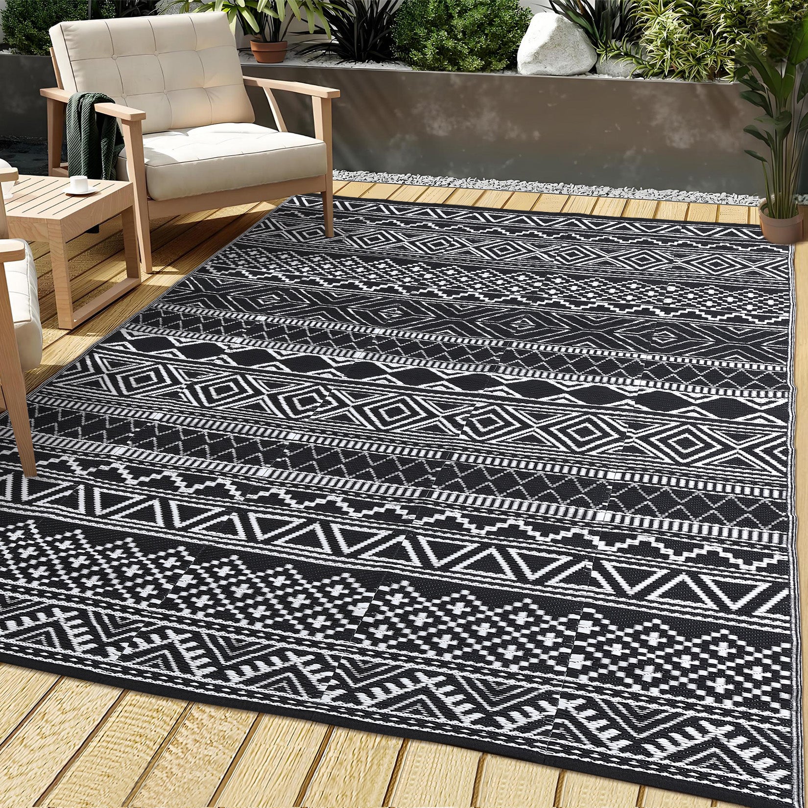 Garvee Outdoor Black & White 9x12 Rug Reversible Waterproof, UV & Stain Resistant Plastic Patio Carpet for RV, Camping, Deck, Porch