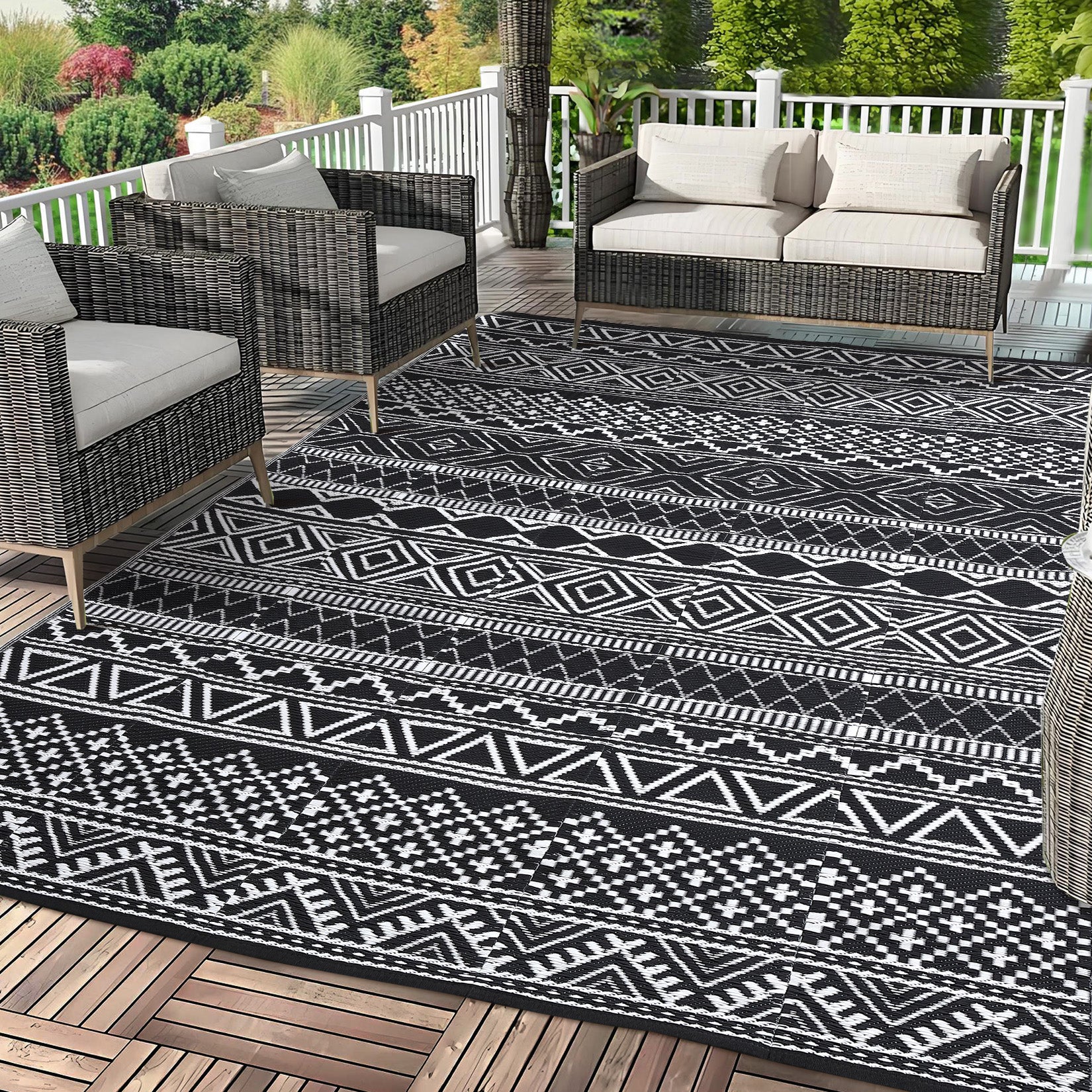 Garvee Outdoor Black & White 9x12 Rug Reversible Waterproof, UV & Stain Resistant Plastic Patio Carpet for RV, Camping, Deck, Porch