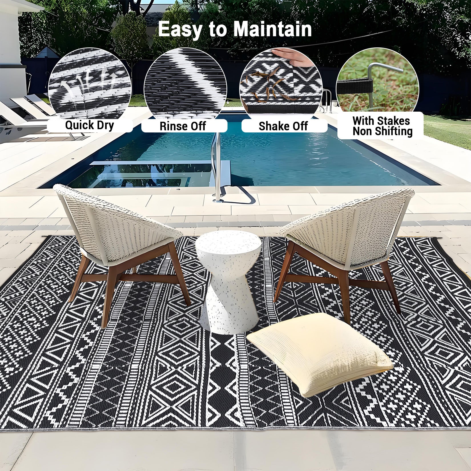 Garvee Outdoor Black & White 10x20 Ultra Large Area Rug, Non-Slip Stain-Resistant Foldable Plastic Outdoor Mat for Camping Picnic Beach Balcony