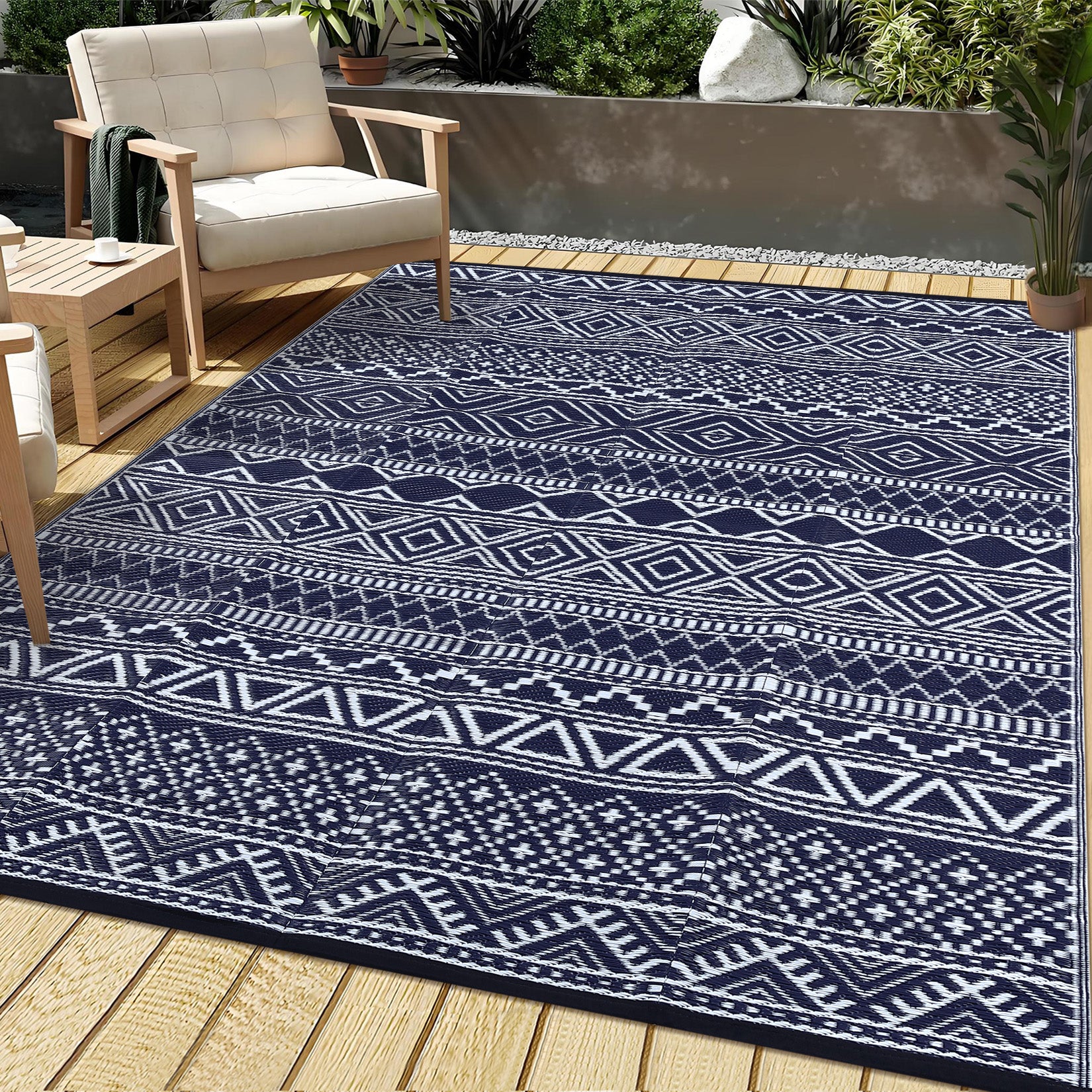 Garvee Outdoor Navy Blue & White 8x10 Rug Carpet Waterproof Reversible Patio Rug Boho Print Camping Rug Plastic Straw Rug Geometric Rv Mat for Patio Camping Picnic Backyard Deck Balcony Porch Beach