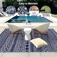 Garvee Outdoor Navy Blue & White 8x10 Rug Carpet Waterproof Reversible Patio Rug Boho Print Camping Rug Plastic Straw Rug Geometric Rv Mat for Patio Camping Picnic Backyard Deck Balcony Porch Beach