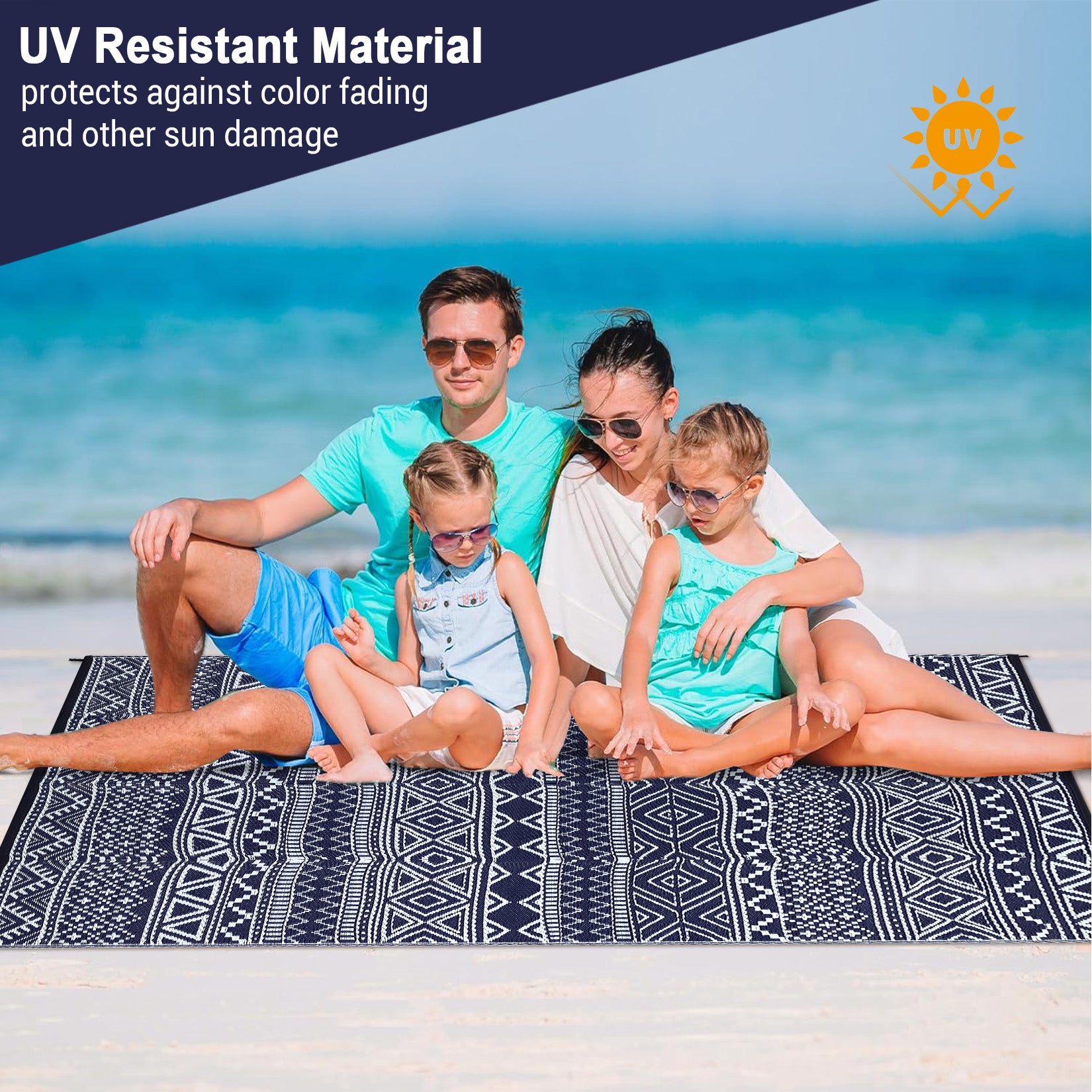 Garvee Outdoor Navy Blue & White 8x10 Rug Carpet Waterproof Reversible Patio Rug Boho Print Camping Rug Plastic Straw Rug Geometric Rv Mat for Patio Camping Picnic Backyard Deck Balcony Porch Beach