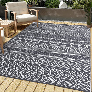 Garvee Outdoor 9x18 Boho Rug, Reversible Waterproof PP Plastic Carpet for Patio, Camping & RV | Easy Clean Portable, Gray & White