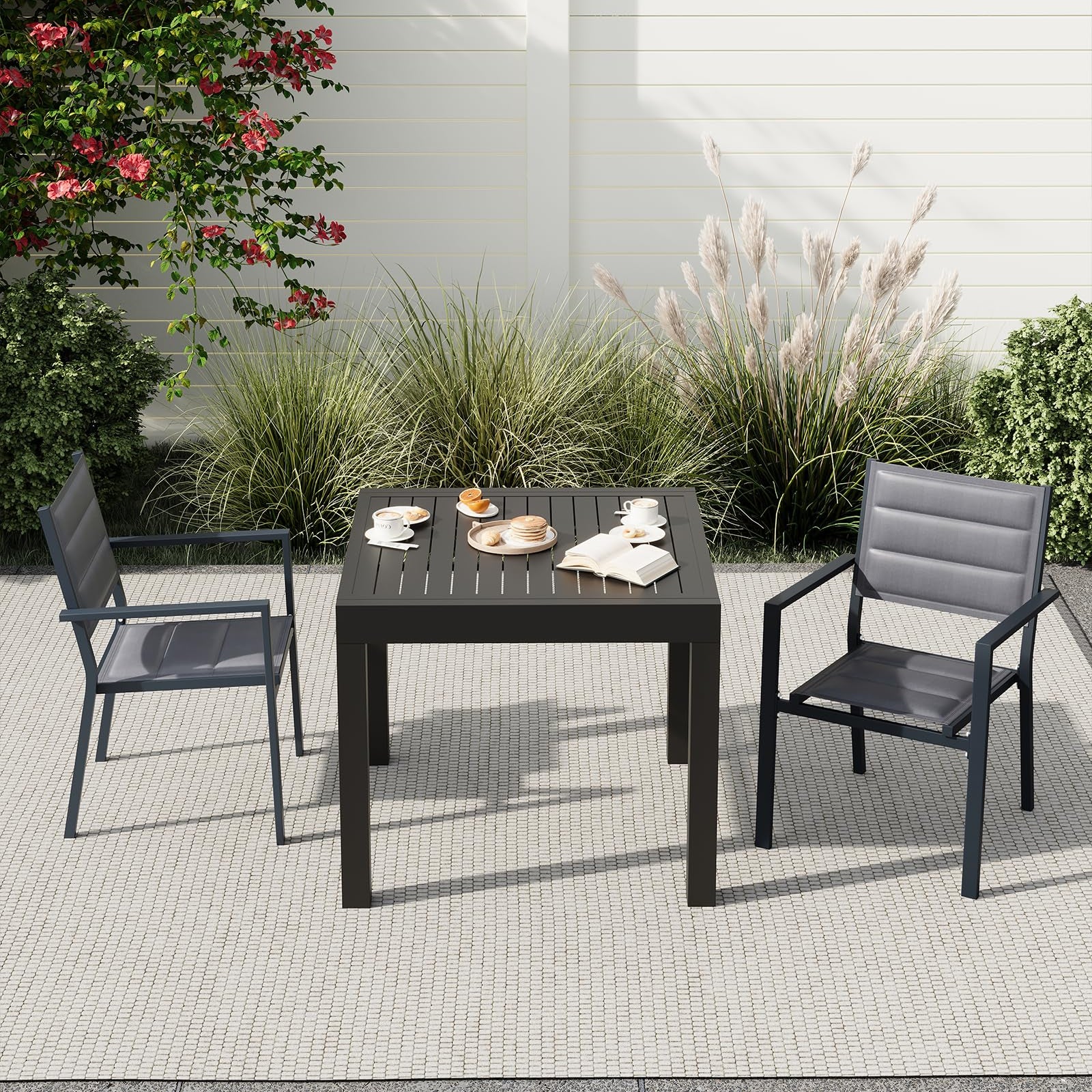Garvee Set of 4 Stackable Patio Dining Chairs, All-Weather Aluminum Outdoor Stacking Chairs with Armrests,Gray