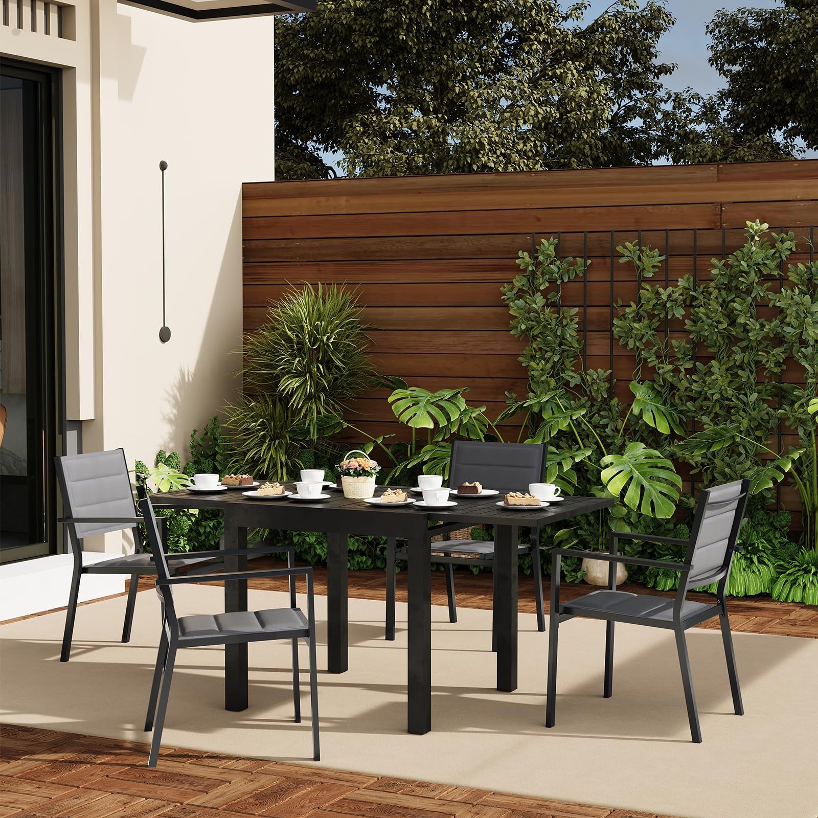 Garvee Set of 4 Stackable Patio Dining Chairs, All-Weather Aluminum Outdoor Stacking Chairs with Armrests,Gray