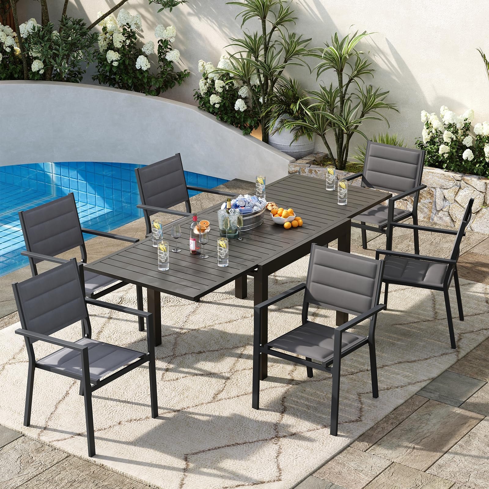 Garvee Set of 4 Stackable Patio Dining Chairs, All-Weather Aluminum Outdoor Stacking Chairs with Armrests,Gray