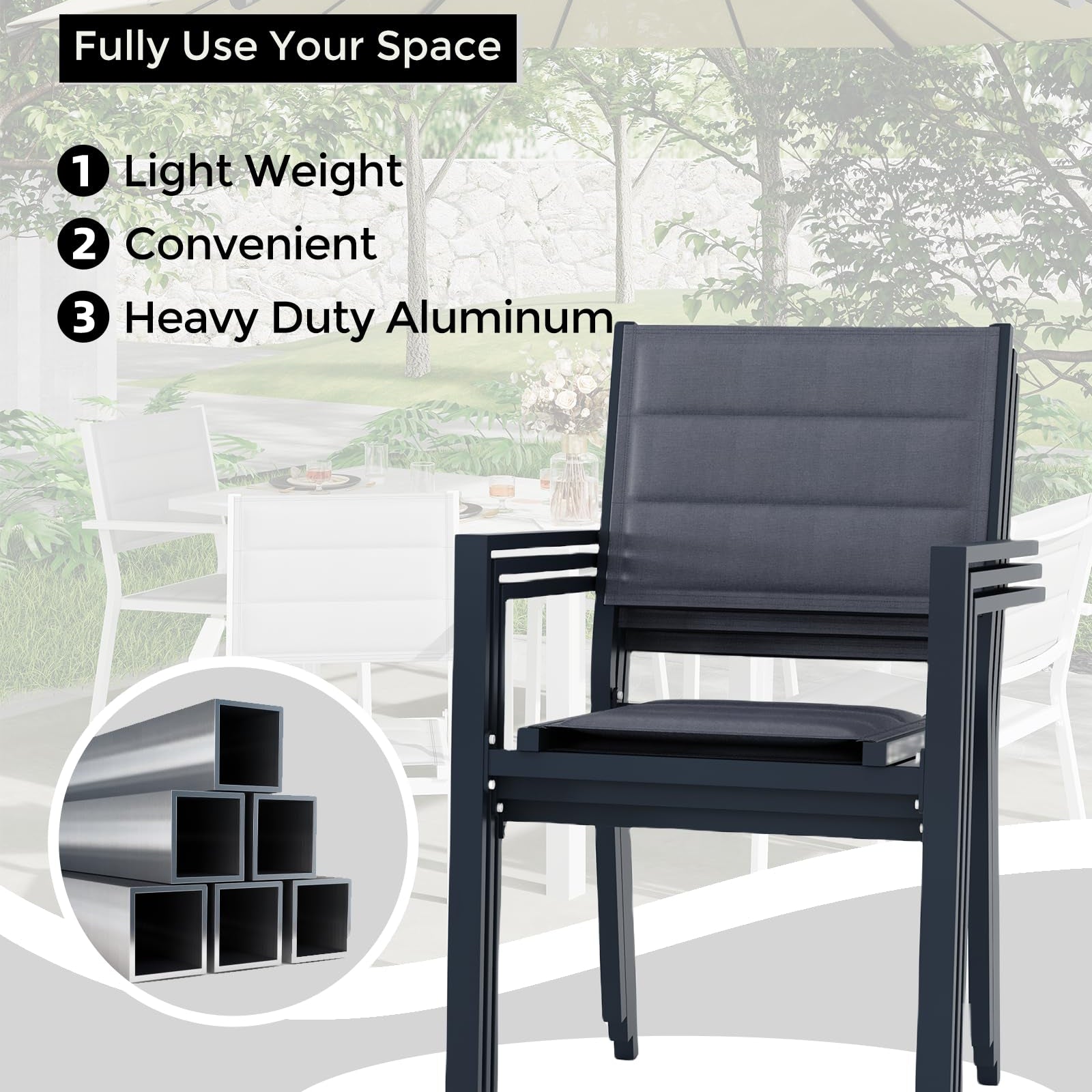 Garvee Set of 4 Stackable Patio Dining Chairs, All-Weather Aluminum Outdoor Stacking Chairs with Armrests,Gray