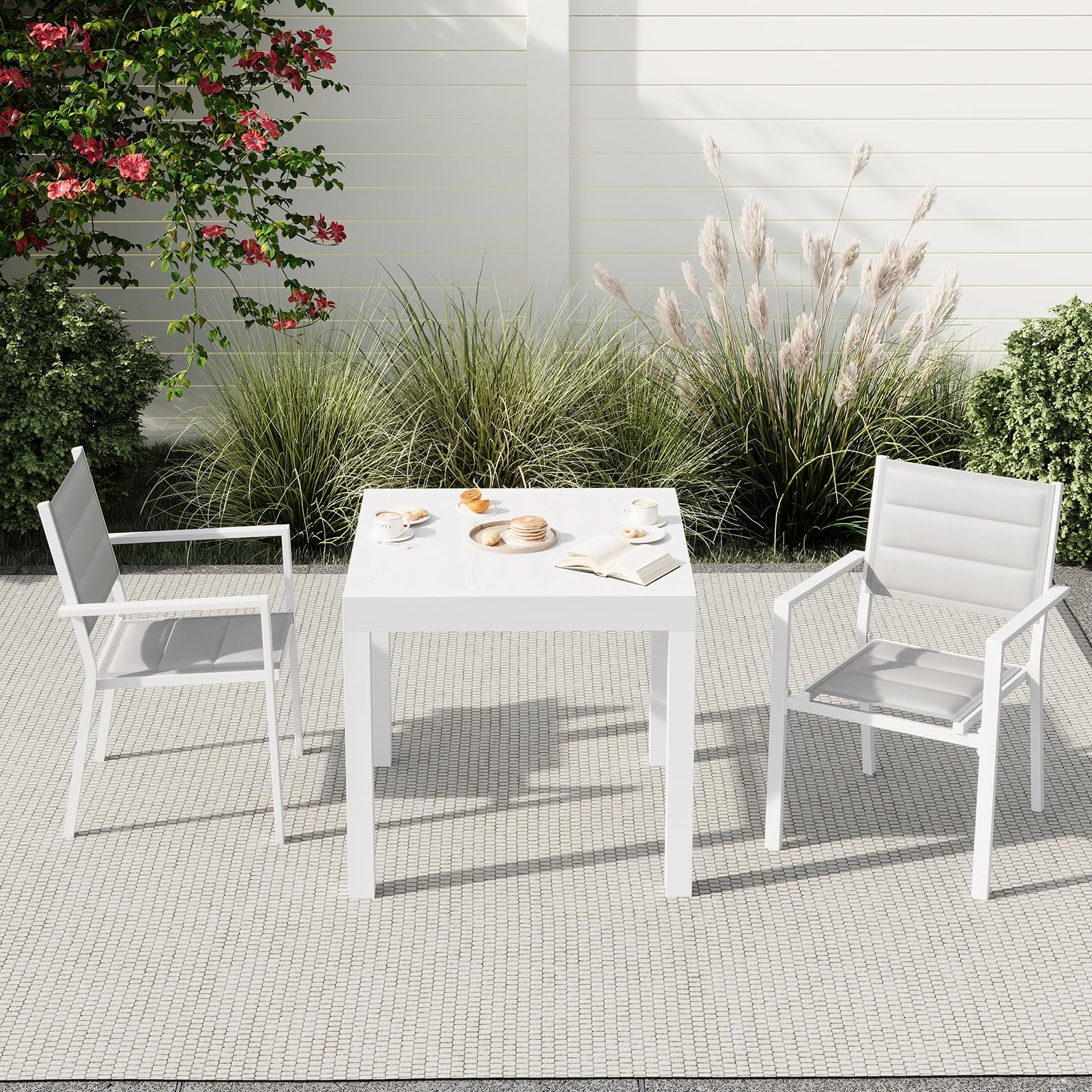 Garvee Set of 4 Stackable Patio Dining Chairs, All-Weather Aluminum Outdoor Stacking Chairs with Armrests,White
