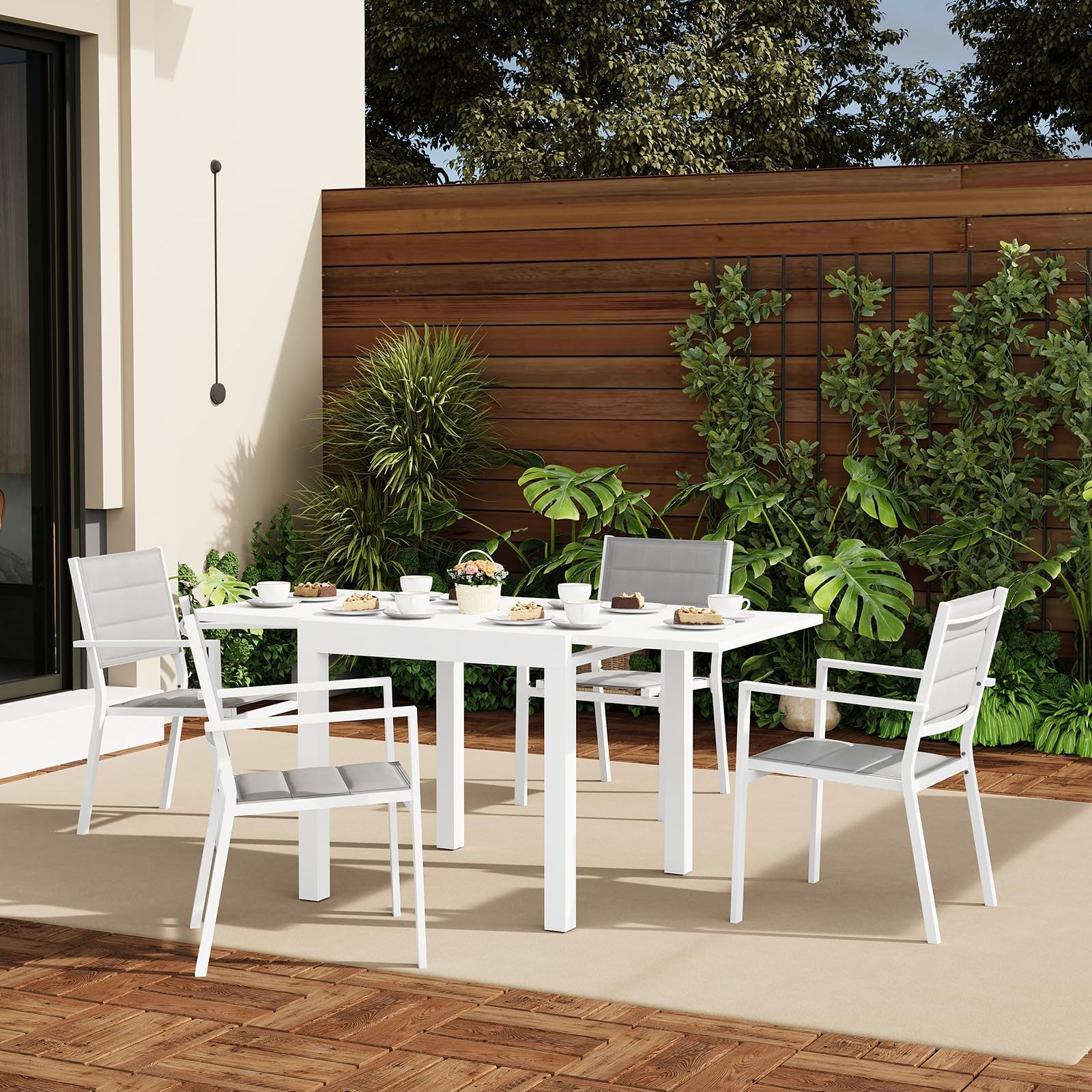 Garvee Set of 4 Stackable Patio Dining Chairs, All-Weather Aluminum Outdoor Stacking Chairs with Armrests,White