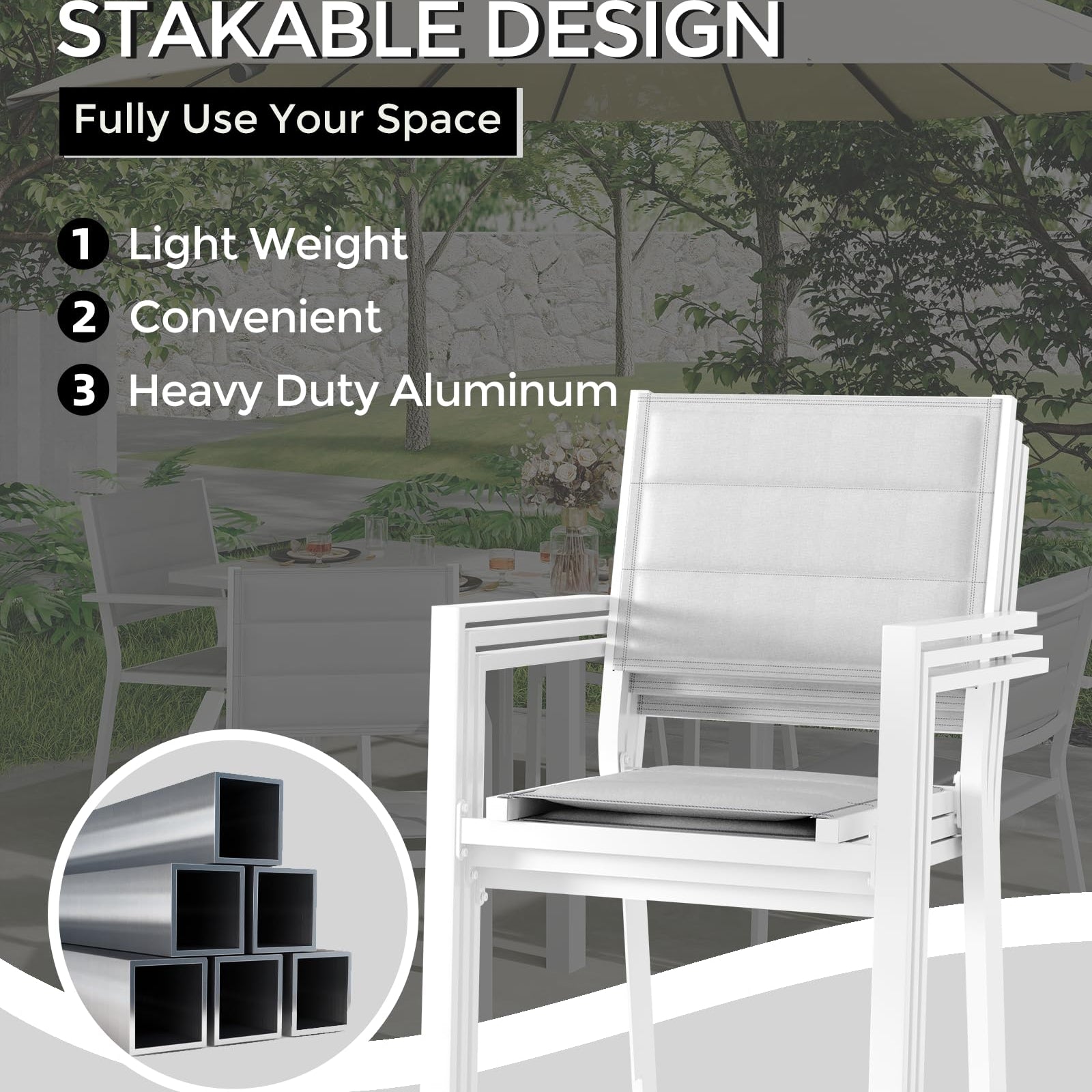 Garvee Set of 4 Stackable Patio Dining Chairs, All-Weather Aluminum Outdoor Stacking Chairs with Armrests,White