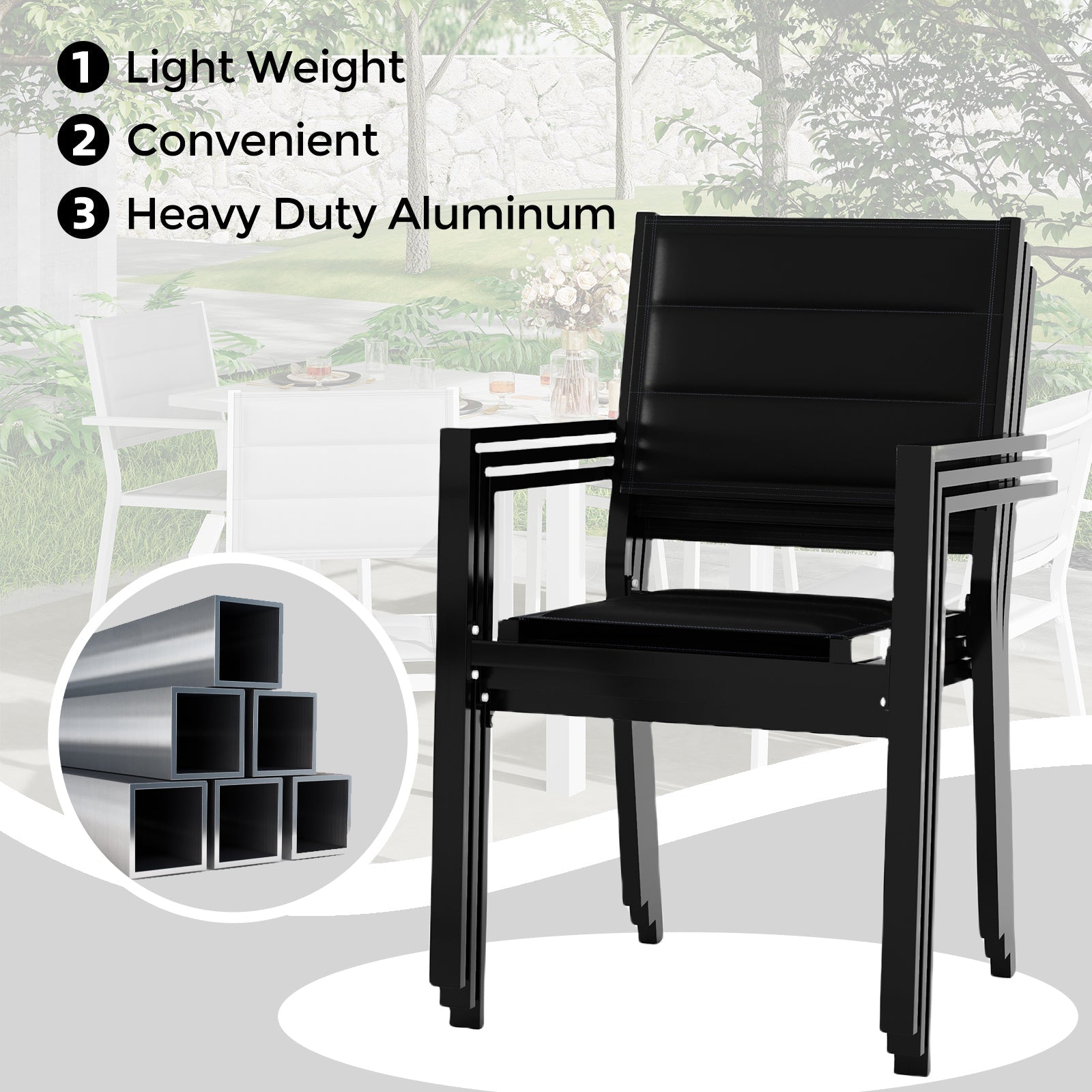 Garvee Set of 4 Stackable Patio Dining Chairs, All-Weather Aluminum Outdoor Stacking Chairs with Armrests,Black