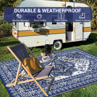 Garvee Outdoor Navy Blue & White 10x20 Waterproof Reversible Rug – UV-Resistant Plastic Straw Mat with Carry Bag, Foldable Easy-Clean Rug for Patio, Camping, RV, Beach, or Deck