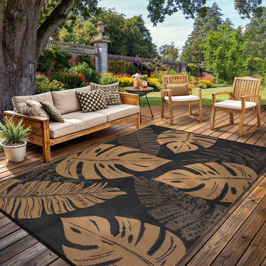 Garvee Outdoor Brown 8x10 Rug Waterproof Reversible Outdoor Plastic Straw Rug Modern Palm Leaves Patio Rug Indoor Outdoor Carpet RV Mat Outside for Patio Camp Balcony Deck Picnic