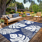Garvee Outdoor Dark Blue 8x10 Rug Waterproof Reversible Outdoor Plastic Straw Rug Modern Palm Leaves Patio Rug Indoor Outdoor Carpet RV Mat Outside for Patio Camp Balcony Deck Picnic - Dark Blue