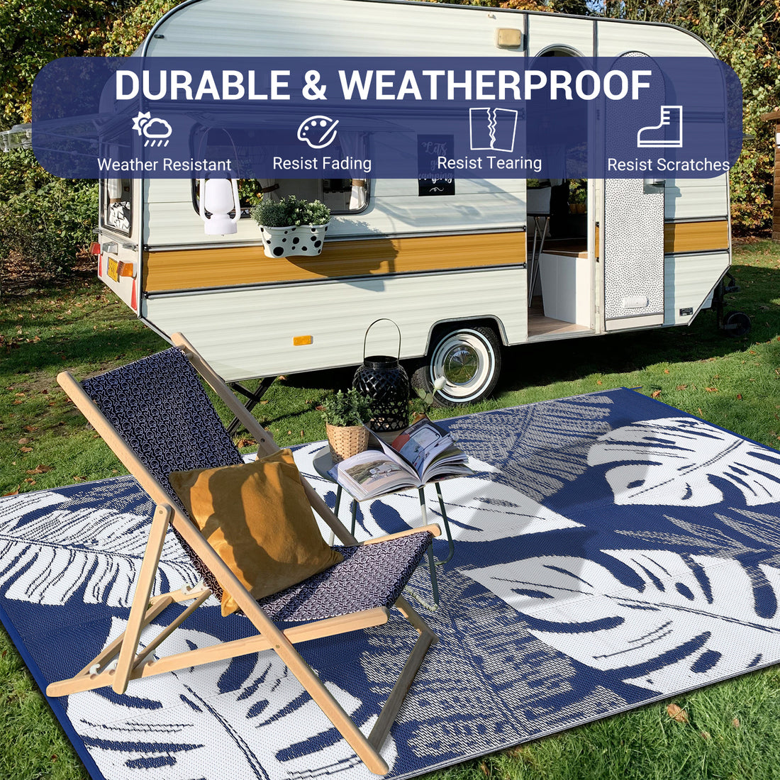 Garvee Outdoor Plastic Straw Area Reversible Rug with Tropical Palm Leaves Pattern for Patio, Deck, RV, and Beach