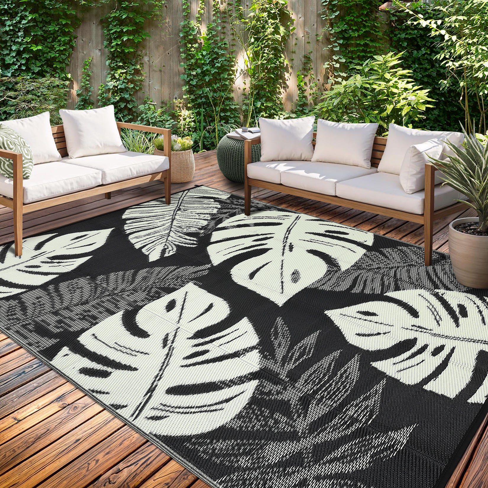 Garvee Outdoor Black & Beige 5x8 Rug, Waterproof Reversible Mat Palm Leaves Camping Rugs Indoor Outdoor Rugs Carpet Large Area Rug Plastic Straw Rug for Patio Deck Balcony Pool RV Camping