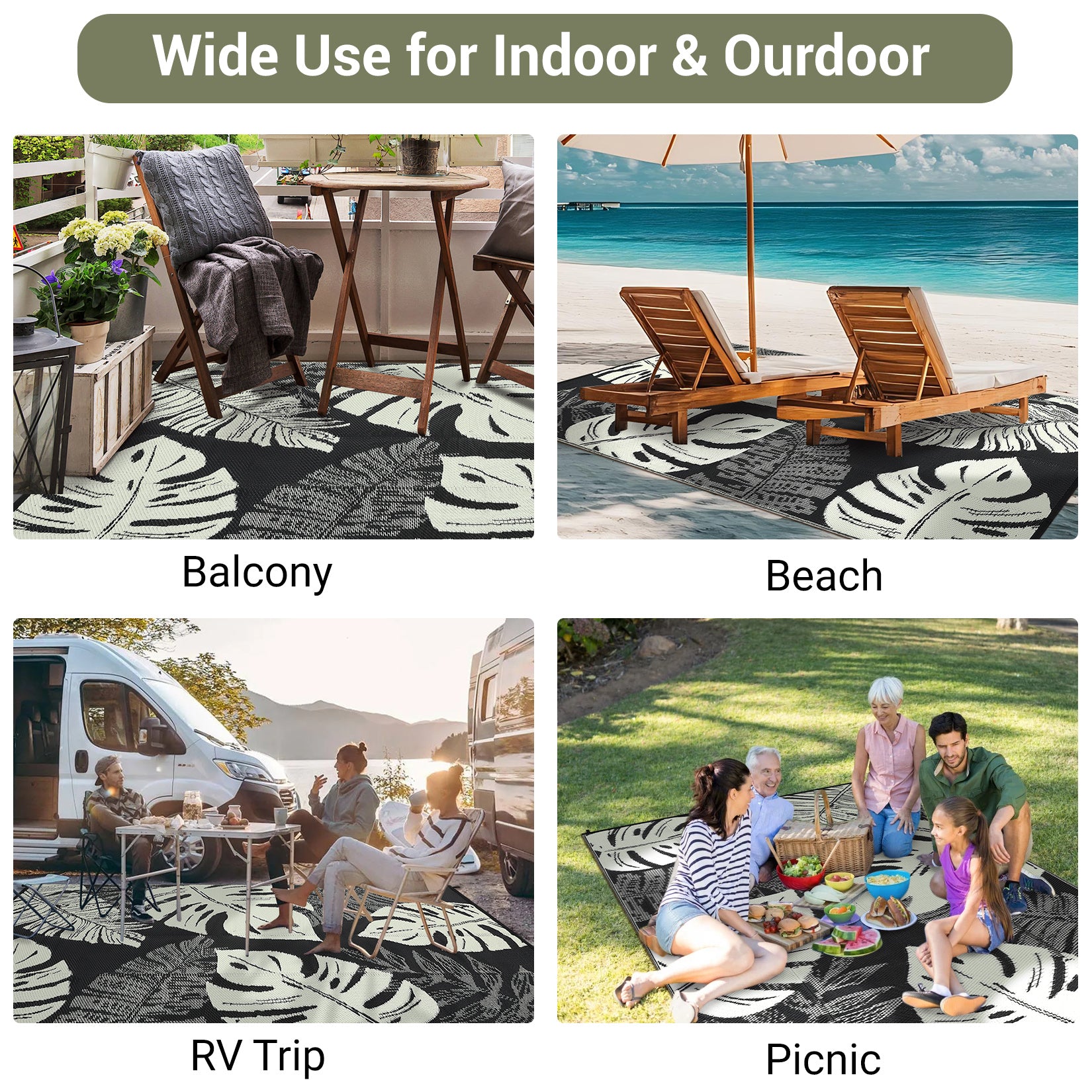 Garvee Outdoor Black & Beige 5x8 Rug, Waterproof Reversible Mat Palm Leaves Camping Rugs Indoor Outdoor Rugs Carpet Large Area Rug Plastic Straw Rug for Patio Deck Balcony Pool RV Camping