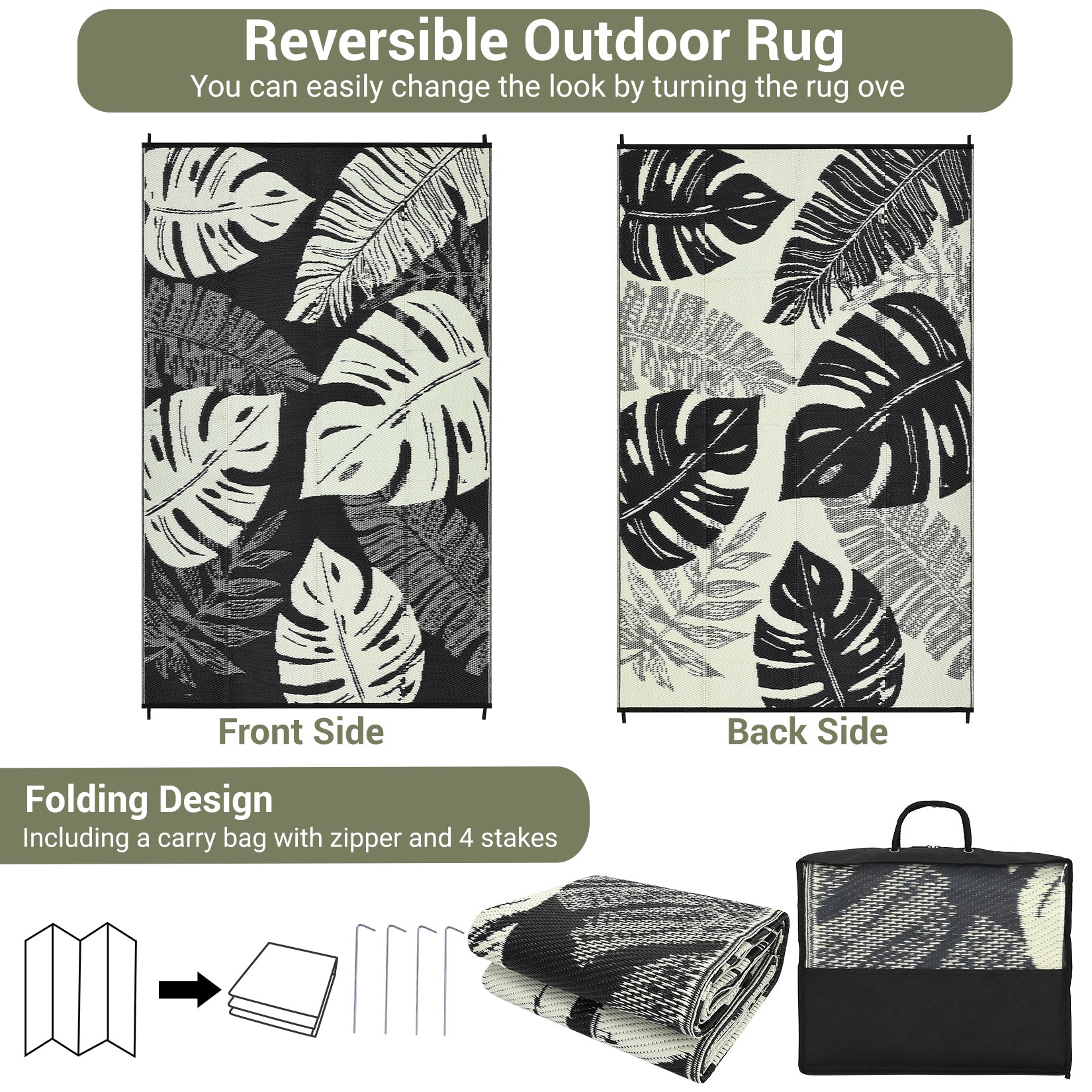 Garvee Outdoor Black & Beige 5x8 Rug, Waterproof Reversible Mat Palm Leaves Camping Rugs Indoor Outdoor Rugs Carpet Large Area Rug Plastic Straw Rug for Patio Deck Balcony Pool RV Camping