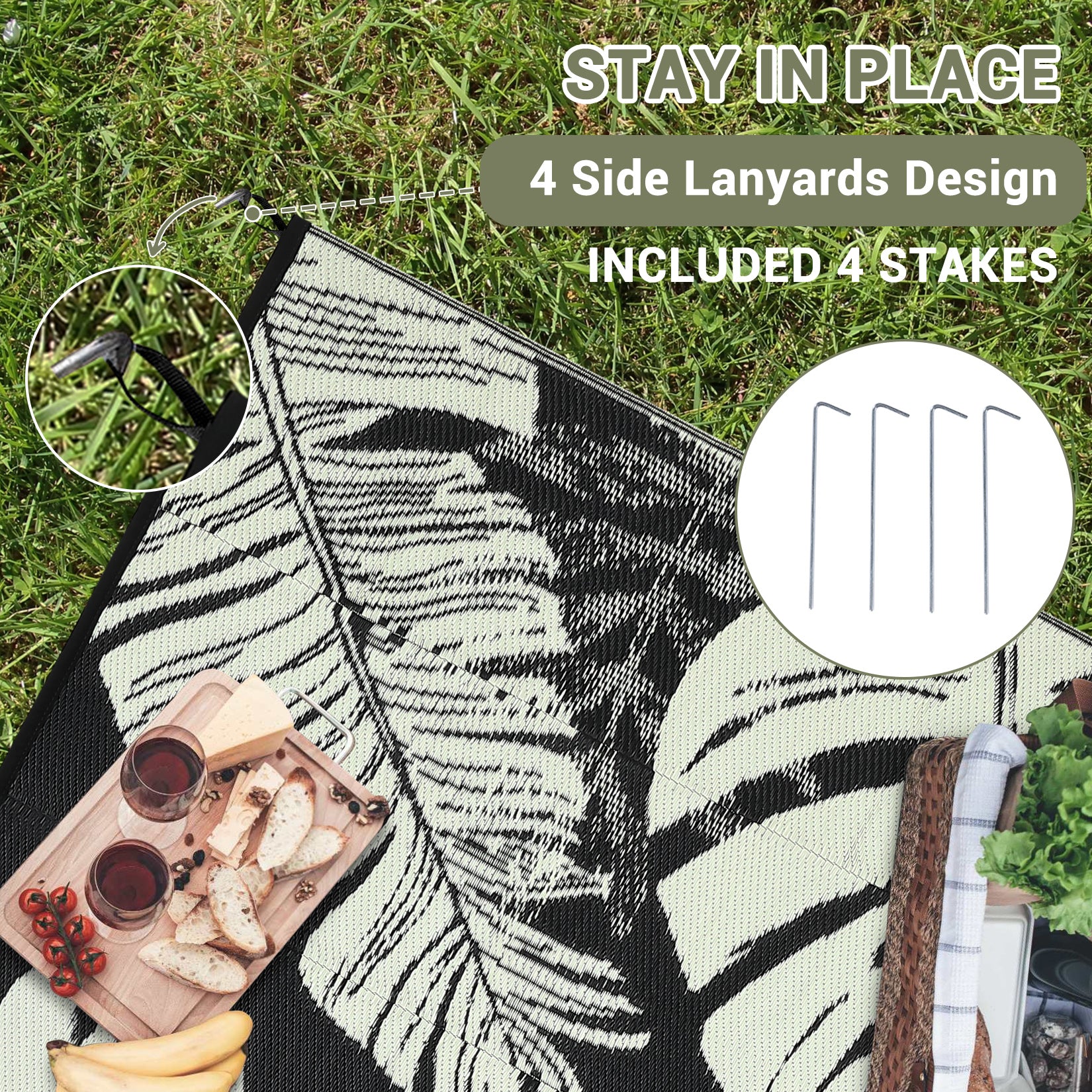 Garvee Outdoor Black & Beige 5x8 Rug, Waterproof Reversible Mat Palm Leaves Camping Rugs Indoor Outdoor Rugs Carpet Large Area Rug Plastic Straw Rug for Patio Deck Balcony Pool RV Camping