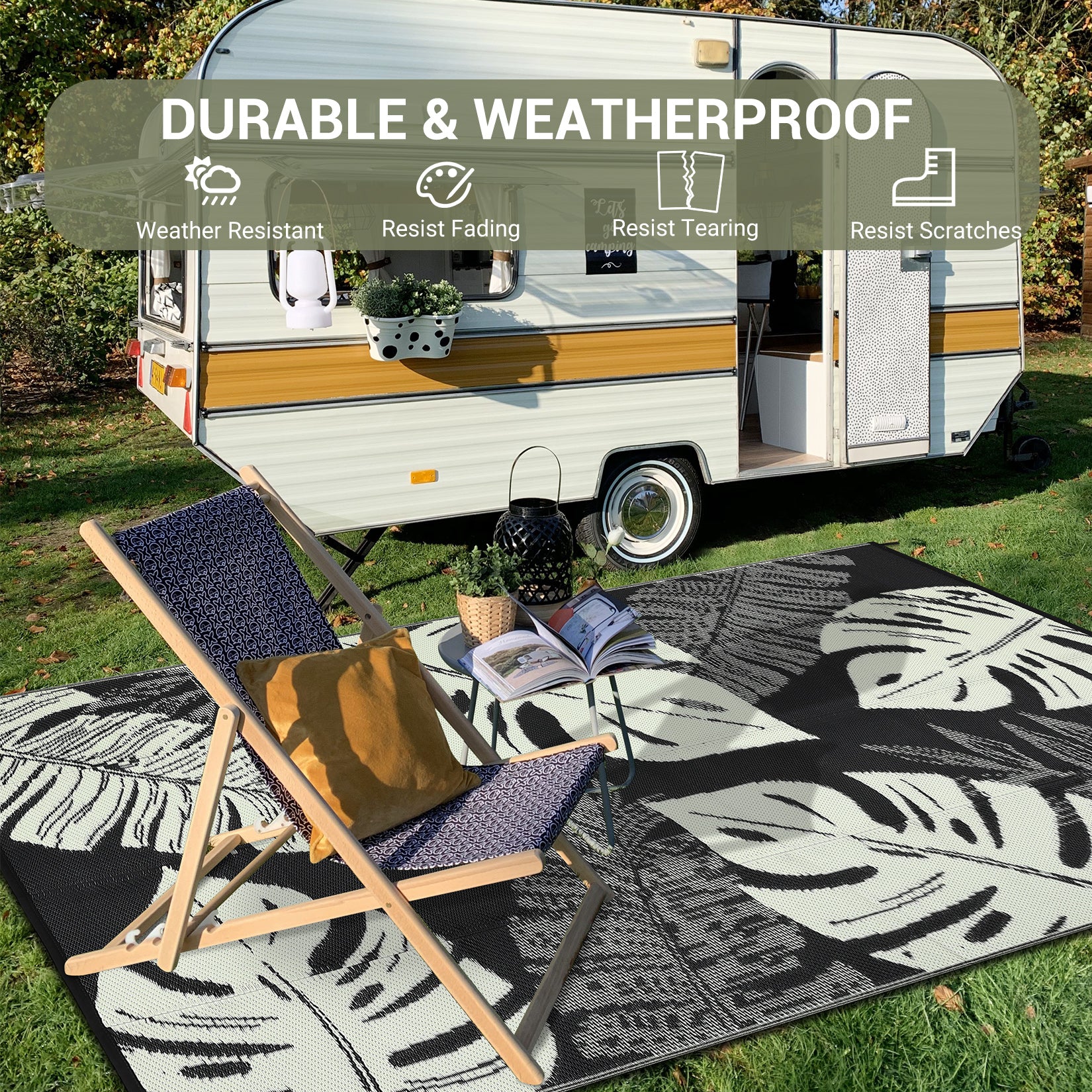 Garvee Outdoor Black & Beige 5x8 Rug, Waterproof Reversible Mat Palm Leaves Camping Rugs Indoor Outdoor Rugs Carpet Large Area Rug Plastic Straw Rug for Patio Deck Balcony Pool RV Camping
