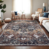 Garvee Oriental Medallion Rug: Non-Slip Washable Vintage Floral Carpet for Bedroom/Living Room. Low-Pile Stain-Resistant - Brown