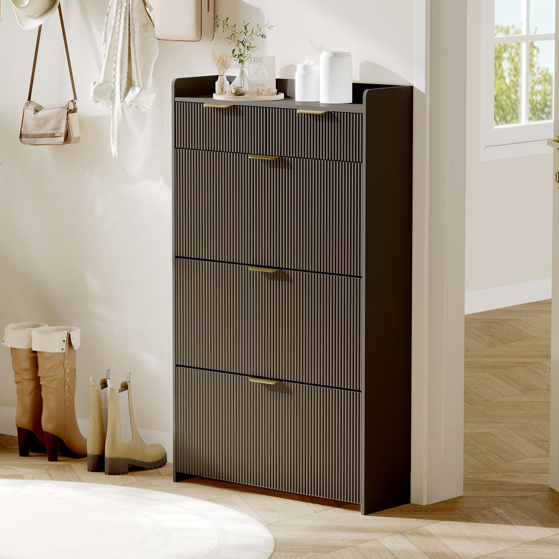 Garvee Shoe Cabinet with 3 Flip Drawers, Modern Entryway Shoe Storage Organizer for Entryway, Hallway, Living Room, Black