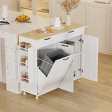 Garvee Rolling Kitchen Island with Trash Can Storage,Portable Trolley Islands with Drop Leaf & Power Outlet for Kitchen,Spice Rack,Mobile Island Table - White