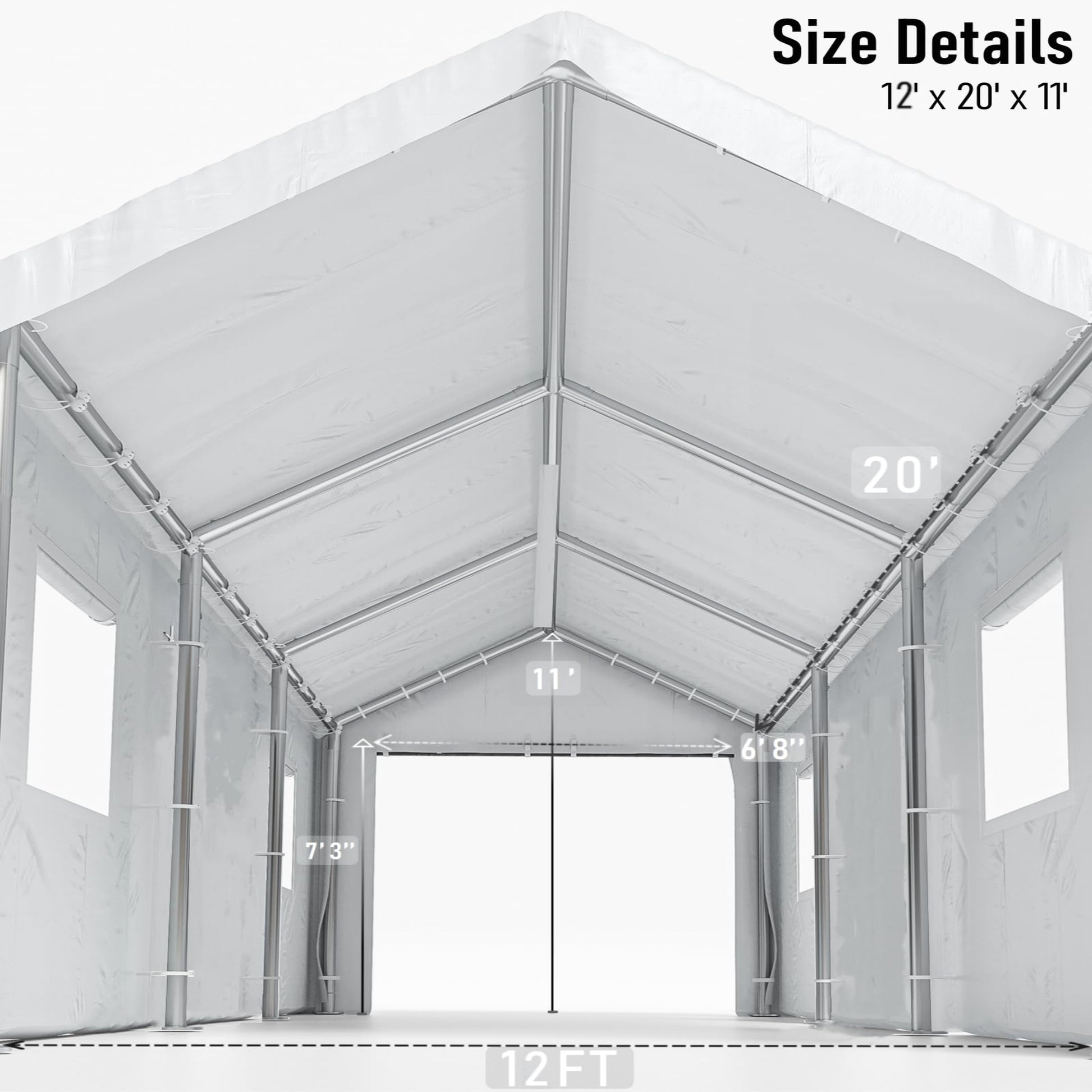 Garvee 12' x 20' x 11' Heavy-Duty Portable Garage with Canopy Roof, Roll-Up Windows, Galvanized Steel Frame, Water-Resistant, Front & Back Doors, White, Outdoor Storage