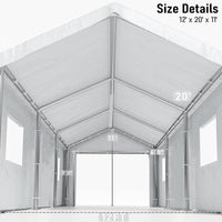 Garvee 12' x 20' x 11' Heavy-Duty Portable Garage with Canopy Roof, Roll-Up Windows, Galvanized Steel Frame, Water-Resistant, Front & Back Doors, White, Outdoor Storage