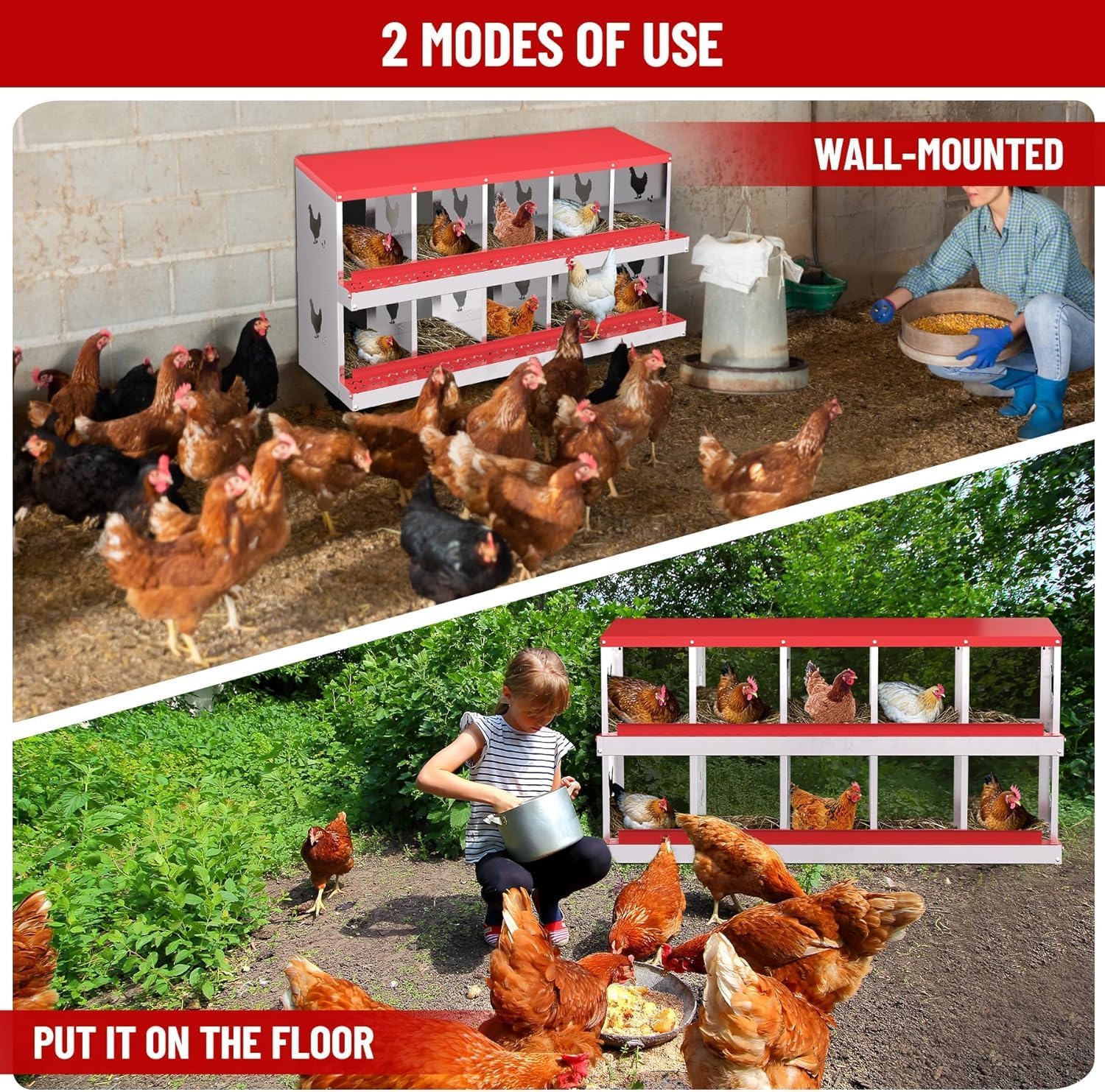 Garvee Metal Chicken Nesting Box with 10 Compartments, Heavy-Duty Galvanized Steel, Egg Roll-Away System, Ventilated Design, Wall-Mountable, Red, for Poultry Coops