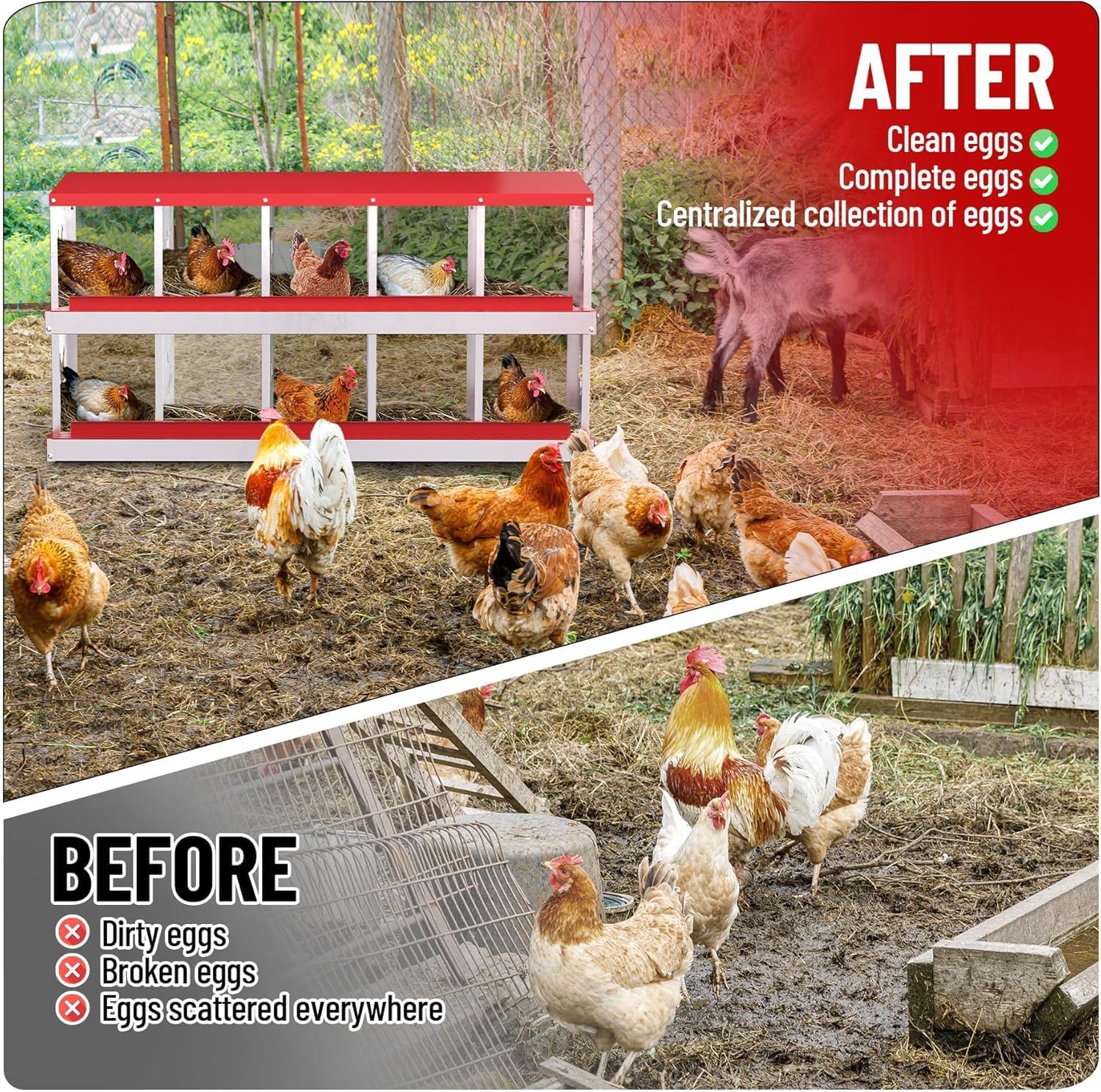 Garvee Metal Chicken Nesting Box with 10 Compartments, Heavy-Duty Galvanized Steel, Egg Roll-Away System, Ventilated Design, Wall-Mountable, Red, for Poultry Coops