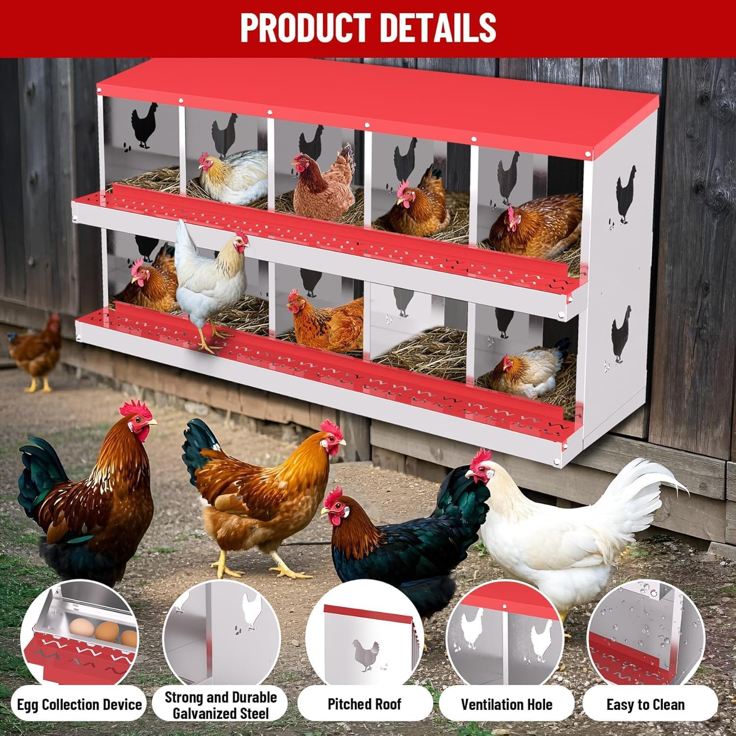 Garvee Metal Chicken Nesting Box with 10 Compartments, Heavy-Duty Galvanized Steel, Egg Roll-Away System, Ventilated Design, Wall-Mountable, Red, for Poultry Coops