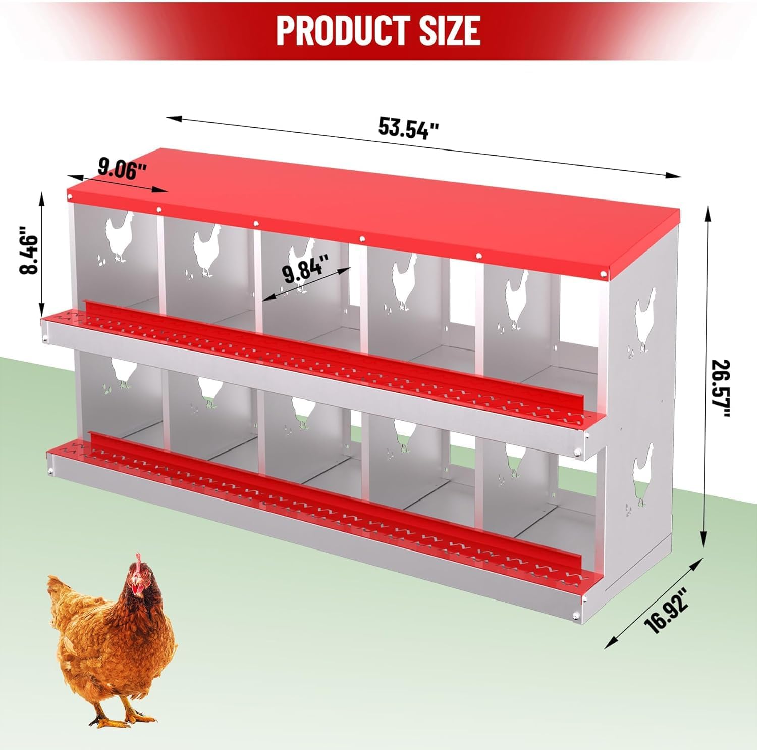 Garvee Metal Chicken Nesting Box with 10 Compartments, Heavy-Duty Galvanized Steel, Egg Roll-Away System, Ventilated Design, Wall-Mountable, Red, for Poultry Coops