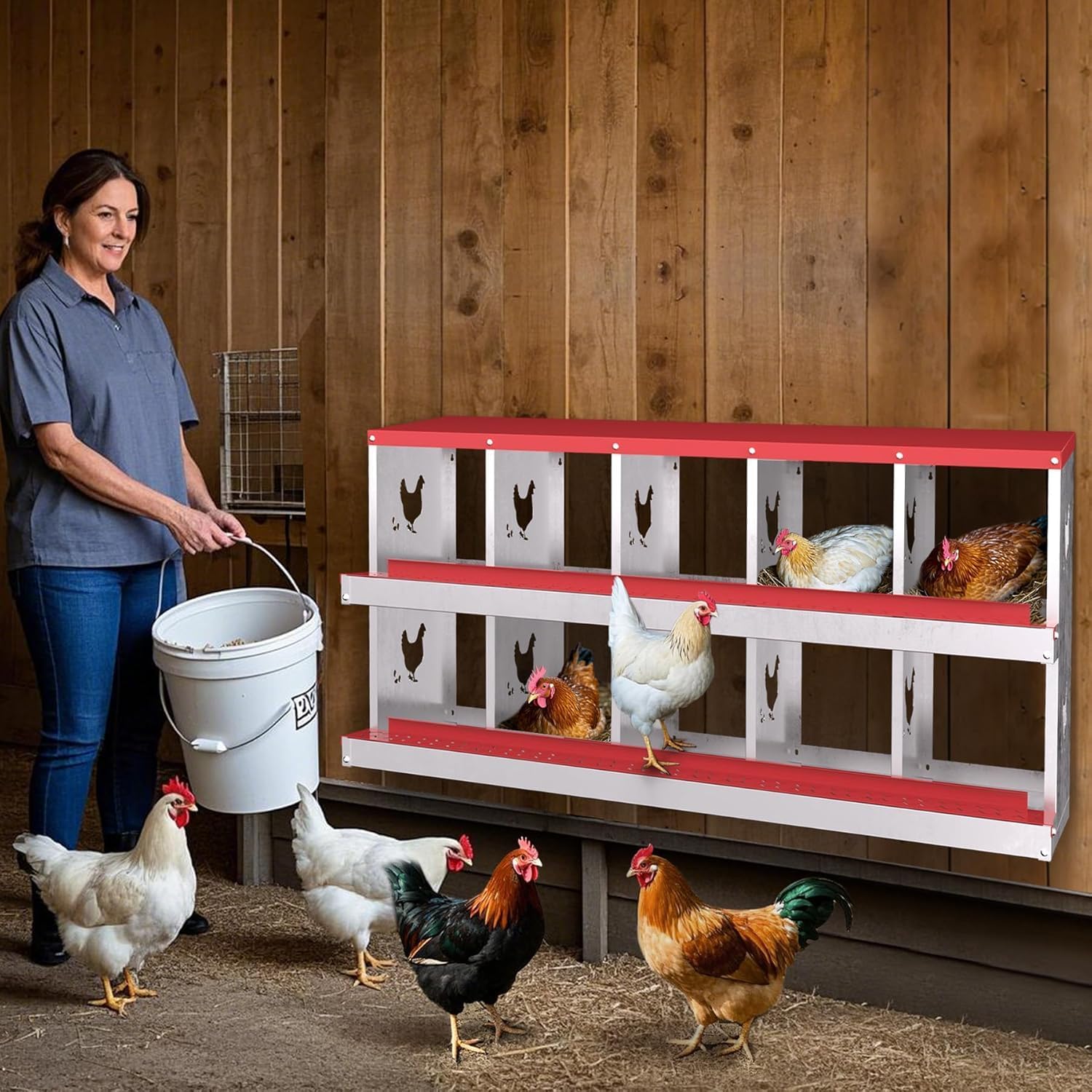 Garvee Metal Chicken Nesting Box with 10 Compartments, Heavy-Duty Galvanized Steel, Egg Roll-Away System, Ventilated Design, Wall-Mountable, Red, for Poultry Coops