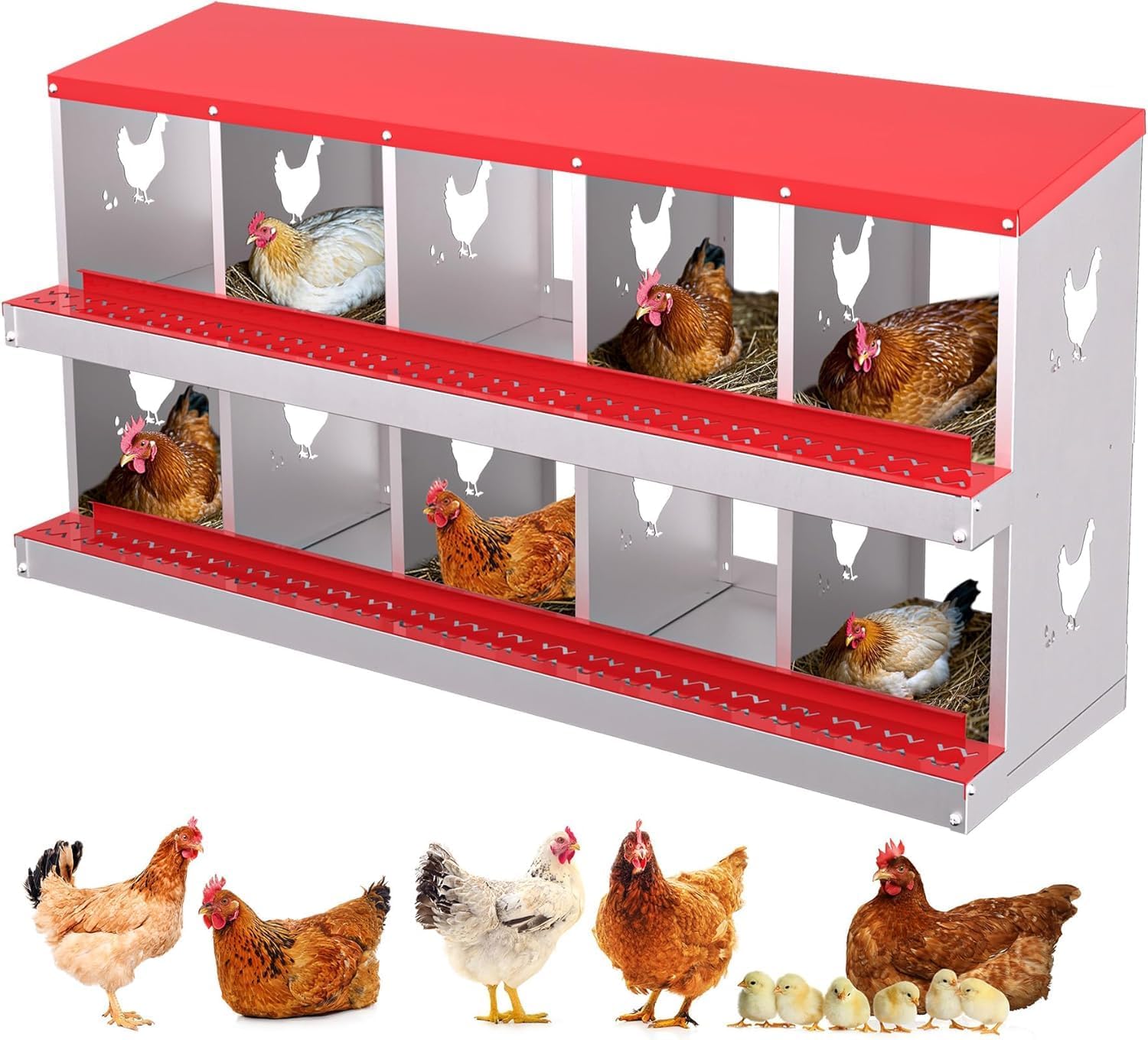 Garvee Metal Chicken Nesting Box with 10 Compartments, Heavy-Duty Galvanized Steel, Egg Roll-Away System, Ventilated Design, Wall-Mountable, Red, for Poultry Coops