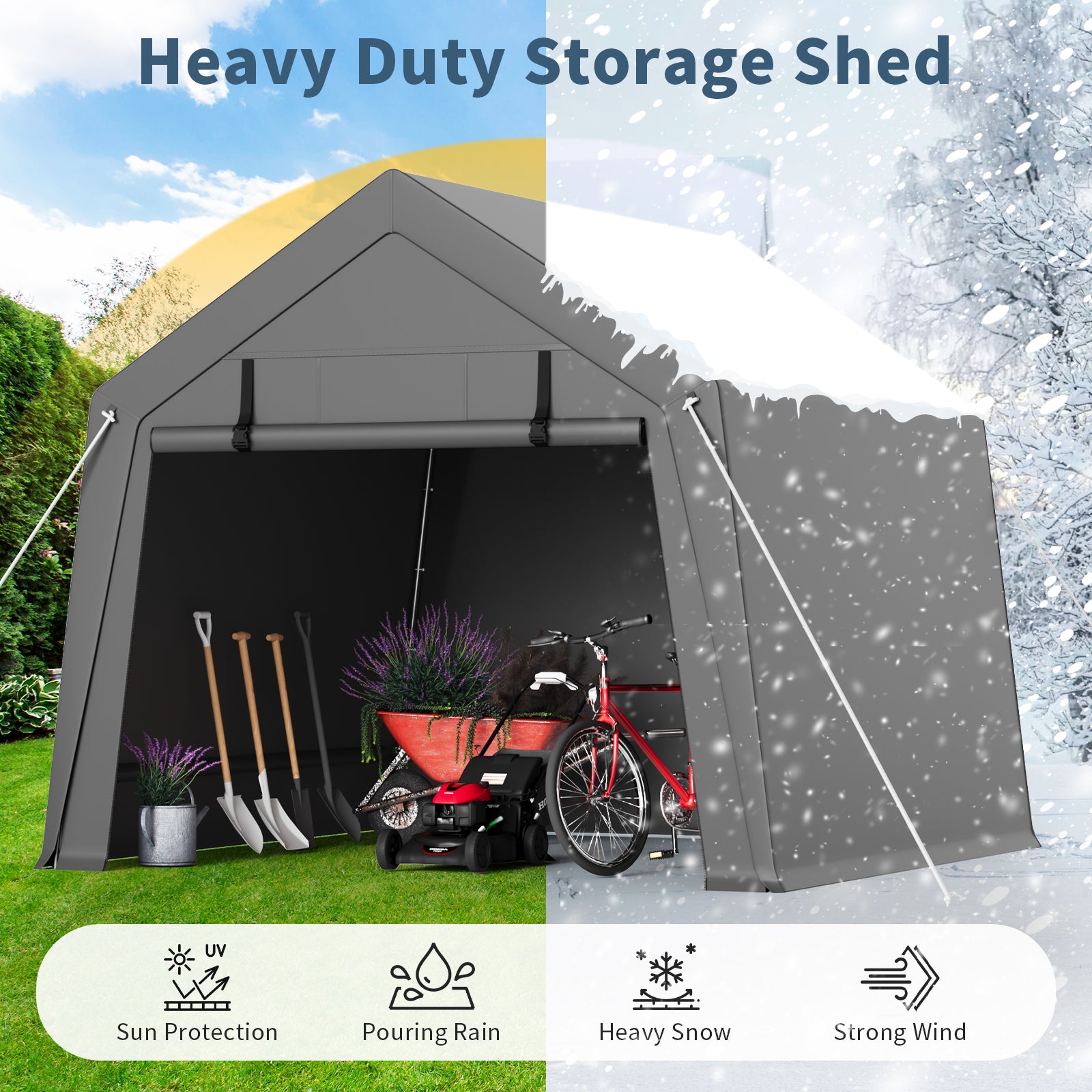 Garvee 10' X 10' Portable Carport with Rolled-Up Zipper Door, Waterproof Garage for Motorcycle, Bike, Firewood Storage, Grey